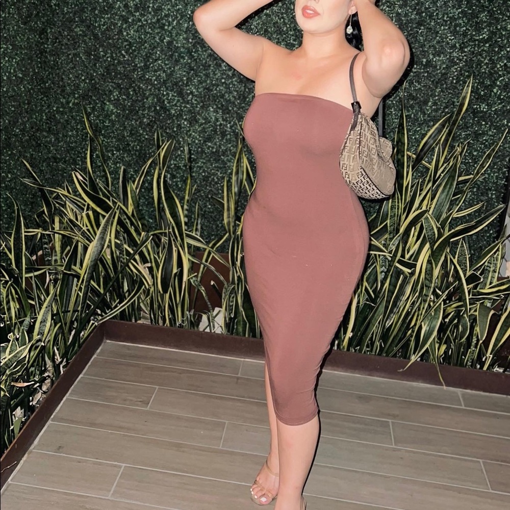 Cute Long Shoulderless Brown Dress
